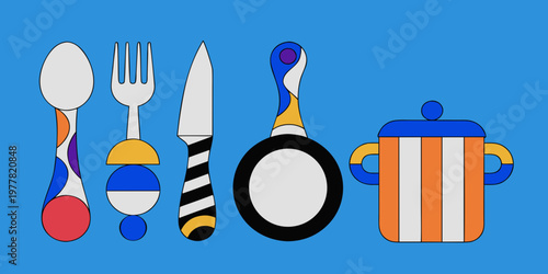Abstract flat design kitchen utensils and pot with geometric shapes on blue background cooking equipment cooking utensil frying pan kitchenware utensils abstract illustration
