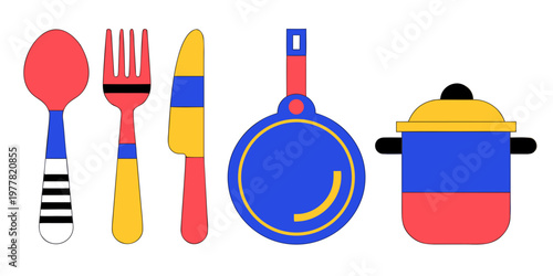 Simple flat design kitchen utensils and pot with red blue yellow colors on white background cooking equipment cooking utensil kitchenware utensils abstract illustration