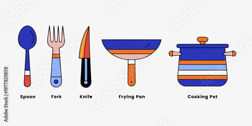 Stylized illustration of kitchen utensils and cooking pot with labels on white background cooking equipment cooking utensil frying pan flat design kitchenware utensils stylized