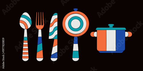 Geometric graphic design of kitchen utensils and pot with french flag colors on black background cooking equipment cooking utensil kitchenware utensils abstract geometric