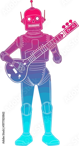 Robot Playing Electric Guitar Vector Illustration with Gradient Colors for Music Technology Futuristic Character and Creative Design Projects