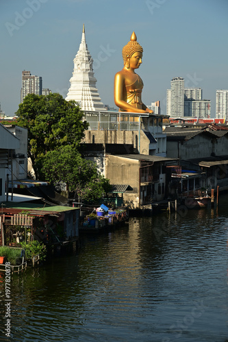 The Phra Phutthathamakaya Thepmongkol at Wat Pak Nam is a Buddha statue in the meditation posture and standing 69 meters tall. It is the tallest Buddha statue in Bangkok. Located in Thailand.