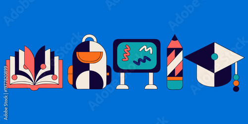 Abstract geometric school icons: open book backpack chalkboard pencil graduation cap on blue background with back to school education abstract geometric backpack chalkboard
