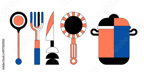 Modern abstract kitchen tools: ladle fork knife frying pan pot with food preparation flat design cooking equipment kitchen accessory cooking utensil abstract illustration