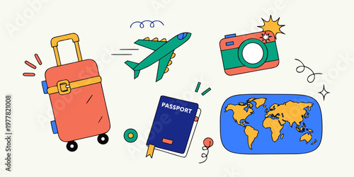 Travel essentials: suitcase airplane passport world map illustration with air travel road trip vacation planning adventure travel holiday planning travel accessories travel gear