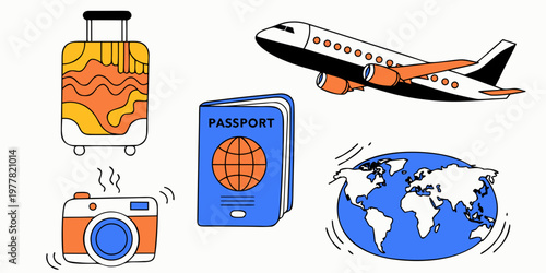Travel planning with airplane passport suitcase camera and world map illustration air travel getting away luggage bag travel document travel photography holiday planning airplane