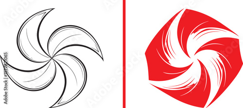 A vector image featuring two circular icons: a black line-art pinwheel on the left and a bold red geometric vortex on the right, separated by a thin red vertical line.