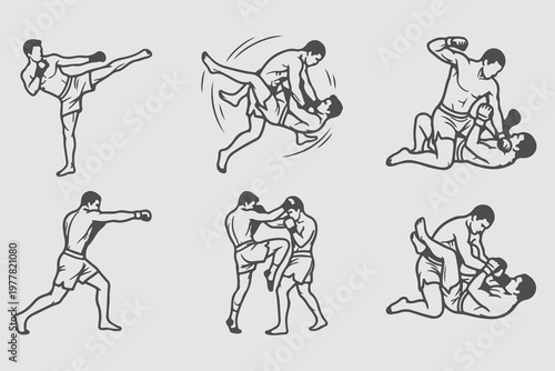 Dynamic vector illustrations showcasing diverse combat sports techniques and martial arts training, featuring fighters performing striking, grappling, and ground fighting moves
