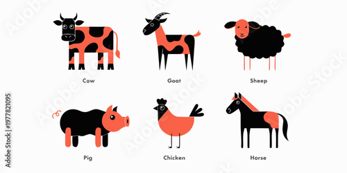 Farm animals with names cow goat sheep pig chicken horse livestock domestic illustration character collection friendly adorable agriculture countryside companion colorful