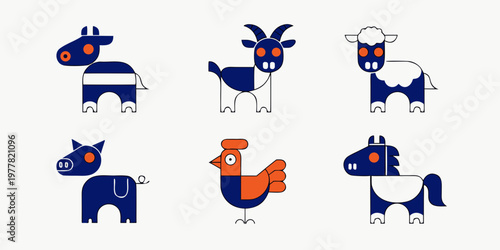 Abstract geometric farm animals cow goat sheep pig chicken horse with livestock domestic illustration character collection friendly adorable agriculture countryside companion
