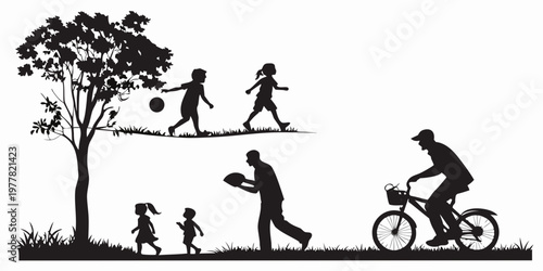Family and children silhouettes enjoying park activities with tree and bicycle outdoor recreation family time picnic basket group of people children silhouette activity together