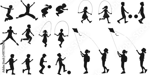 Collection of diverse children activity silhouettes jumping skipping rope flying kites with activities for kids children silhouettes activities movement childhood illustration