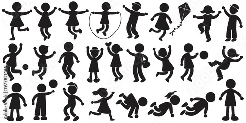 Group of children silhouettes engaged in various playful activities and games with skipping rope flying kites children playing child playing kid playing activities for kids