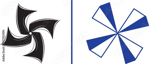 Two abstract four-bladed logos. The left is a black, curved pinwheel with a brush-stroke texture; the right is a blue and white geometric starburst featuring sharp, triangular diamond facets.