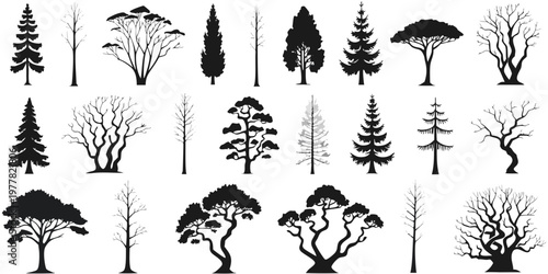 Large collection of diverse tree silhouettes for nature and plant design vector illustrations with silhouettes illustration woodland deciduous evergreen conifers environment