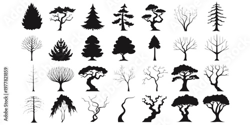 Large set of varied tree silhouettes including deciduous and conifers for nature and forest-themed graphic designs with silhouettes illustration woodland deciduous evergreen