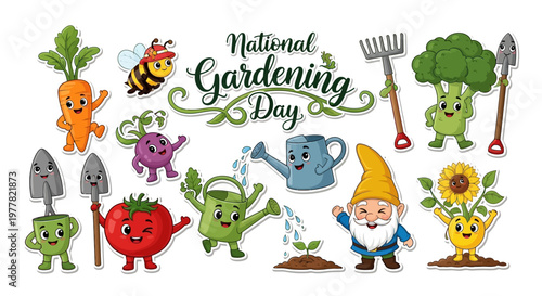 Cheerful cartoon vegetables and garden tools are arranged in a bright, flat lay composition against a white background, promoting the concept of National Gardening Day with a joyful
