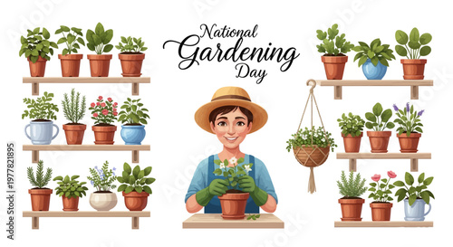 A smiling gardener wearing a straw hat tends to a potted plant on a wooden table with shelves displaying potted plants against a white background, celebrating the home gardening lifestyle