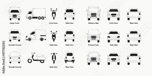 Line art icons of various delivery and pickup vehicles from multiple views including front side rear for cargo trucks scooters vans pickups with black and white delivery front view