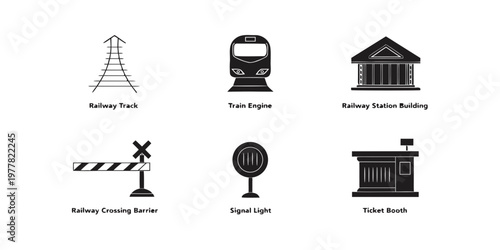 Minimalist black silhouette icon set of essential railway transportation components including track engine station barrier signal ticket booth with building crossing silhouette