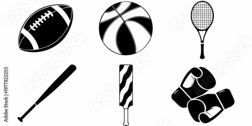 Black and white sports equipment icons set including american football basketball tennis racket baseball bat cricket bat boxing gloves with team sport individual sport icon set
