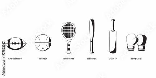 Set of outline sports equipment icons with text labels: american football basketball tennis racket baseball bat cricket bat boxing gloves team sport individual sport icon set