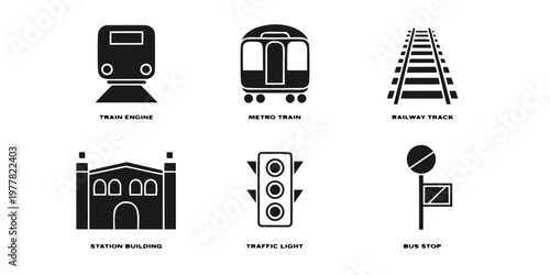 Solid icon set featuring public transportation elements: train engine metro train railway track station building traffic light bus stop public transport black and white map element