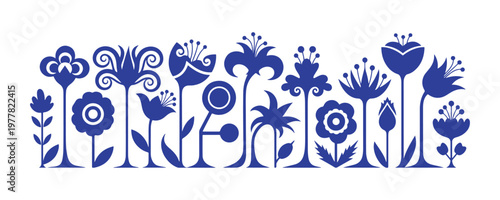 Groovy abstract botanical banner with flowers on long footstalks in a modern Bauhaus aesthetic.