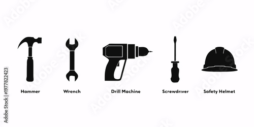 Black silhouette icons of construction hammer wrench drill machine screwdriver safety helmet on white background with safety equipment screwdriver construction industry equipment