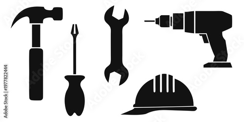 Assortment of black silhouette hand tools and safety gear icons including hammer screwdriver wrench drill helmet with flathead screwdriver construction industry hardware