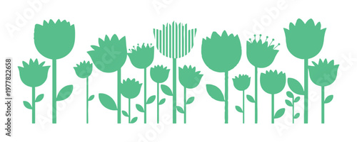 Contemporary botanical banner featuring abstract flowers with long stems in a modern Bauhaus and groovy art style.