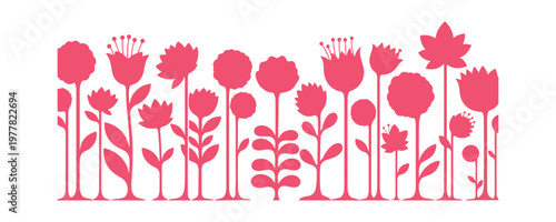 Abstract floral horizontal background with long-stem flowers and botanical elements in a Bauhaus-inspired groovy style.