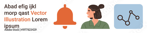 Communication, notifications, online networking, information exchange, user experience, systems. Minimalistic bell icon, woman profile and network connections. Communication and notifications