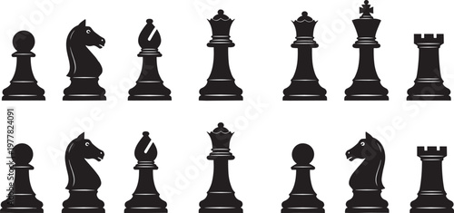 Chess pieces set including king queen rook bishop knight and pawn black silhouettes cad drawing flat vector illustration for strategy game and competition concept