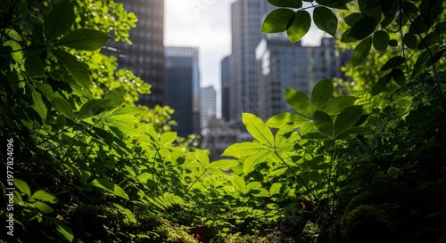 Lush green leaves foregrounding blurred urban skyscrapers on a bright sunny day