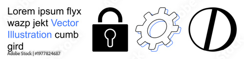 Technology security, data protection, restricted access, user privacy, system optimization, innovation. Padlock, gear and prohibition sign icons. Technology security and data protection concept