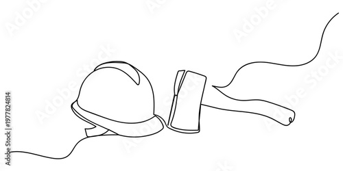 Single continuous line drawing of an engineer's hat and an axe. One line design vector illustration Editable stroke.