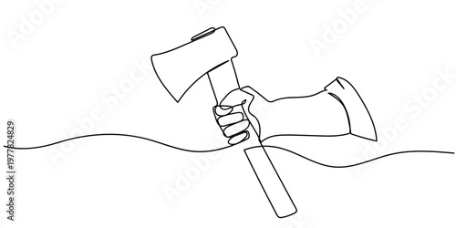 Single continuous line drawing of a hand holding an axe. One line design vector illustration Editable stroke.