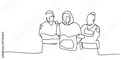 Single continuous line drawing of a criminal arrested by two police officers. One line design vector illustration Editable stroke.