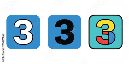 Three colorful number 3 icons isolated on transparent background