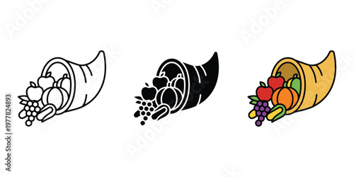 cornucopia icons with fruit and vegetables isolated on transparent background