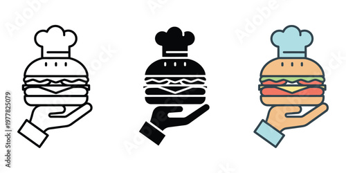 Three chef hands holding burgers in different colors isolated on transparent background