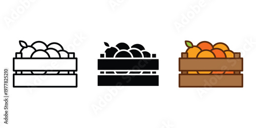 three wooden crates filled with apples and oranges isolated on transparent background