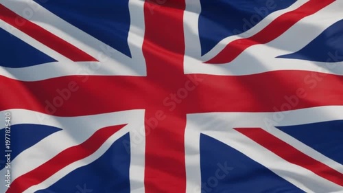 Real full-screen video of the Union Jack fluttering in the breeze, realistic folds and shadows on the fabric, outdoor sky background, smooth dynamic motion with natural wind, vivid colors, full-frame 