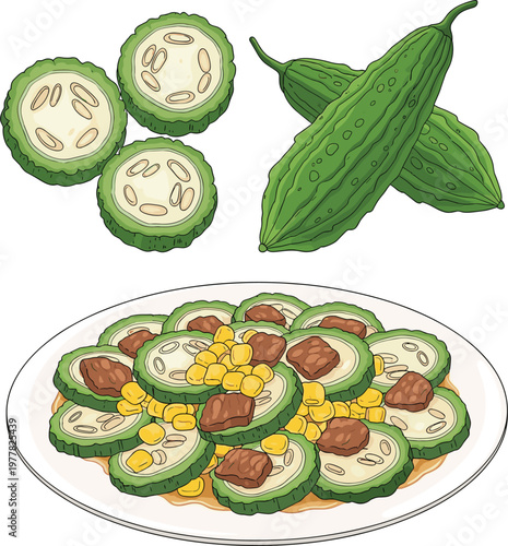 Bitter Melon Vegetable and Cooked Dish Illustration with Sliced Bitter Gourd, Corn and Meat Healthy Asian Cuisine Food Vector Design