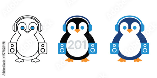 Three penguins wearing headphones and holding speakers isolated on transparent background
