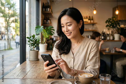 カフェの窓際でスマホを操作する笑顔の日本人女性 Generative AI