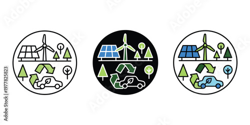 eco friendly icons with solar panels and wind turbines isolated on transparent background