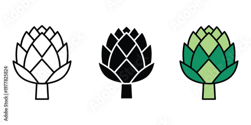 artichoke icons in white, black, and green isolated on transparent background