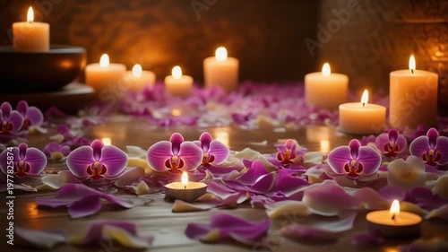 Ultra-realistic full-frame video of a serene therapy room covered with scattered fragrant orchid petals, dozens of softly glowing candles placed around the room, warm ambient lighting reflecting on pe